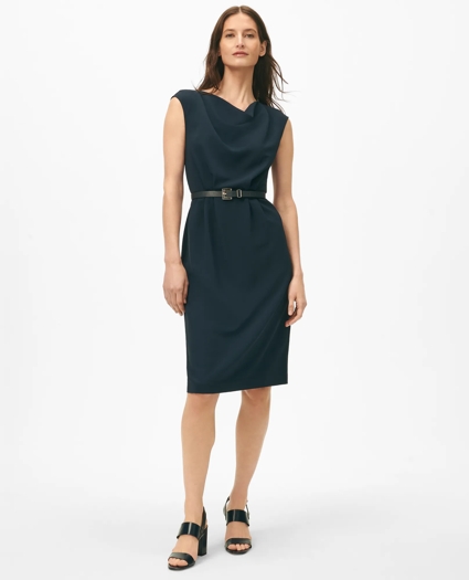 Cap Sleeve Belted Cowl Neck Dress in Fine Twill Stretch Crepe, image 1