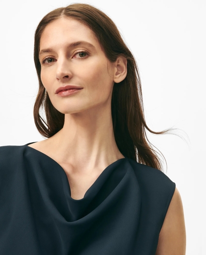 Cap Sleeve Belted Cowl Neck Dress in Fine Twill Stretch Crepe, image 2