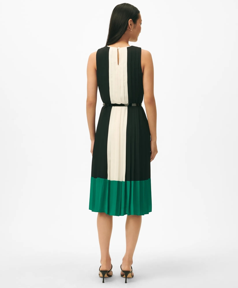 Colorblock Pleated Belted Dress in Crepe, image 3