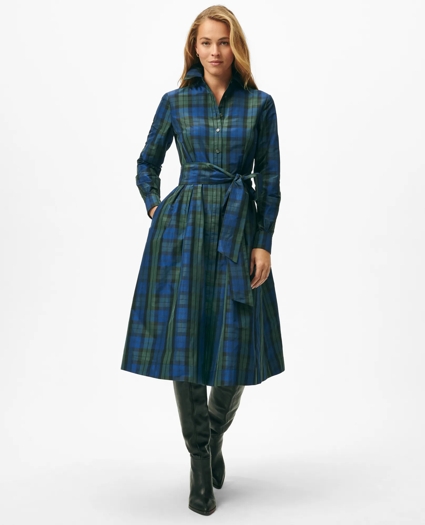 Belted Shirt Dress in Black Watch Tartan Taffeta, image 1