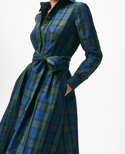 Belted Shirt Dress in Black Watch Tartan Taffeta, image 2