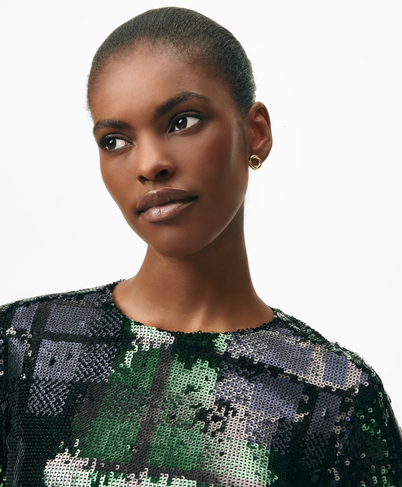 Relaxed Shift Dress in Sequined Black Watch Motif, image 2