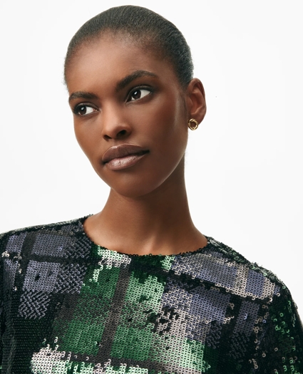 Relaxed Shift Dress in Sequined Black Watch Motif, image 2