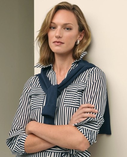 Cotton-Silk Stripe Utility Shirt Dress, image 2