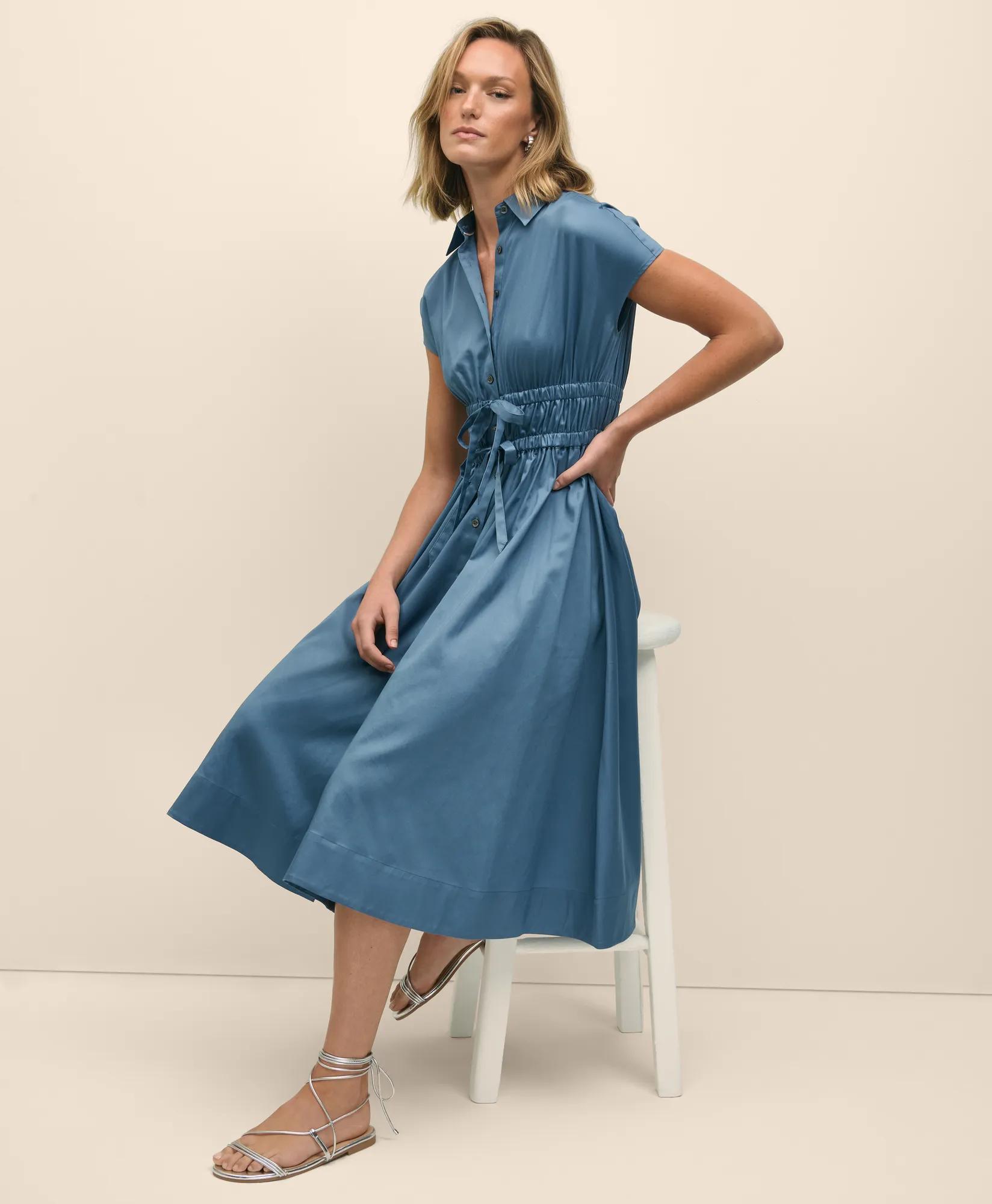 Cotton Smocked Waist Cap-Sleeve Shirt Dress