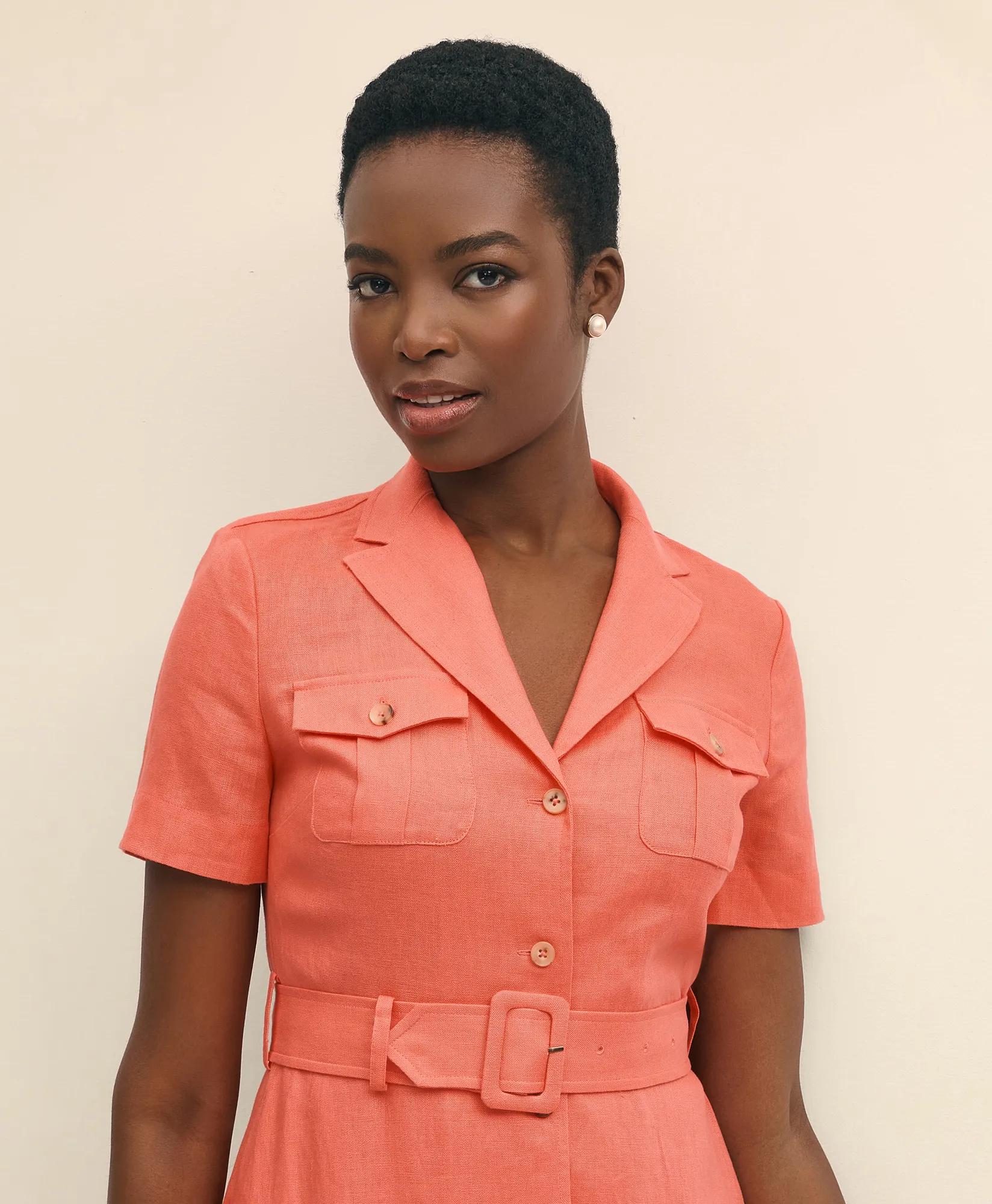 Linen A-Line Belted Shirt Dress - Coral