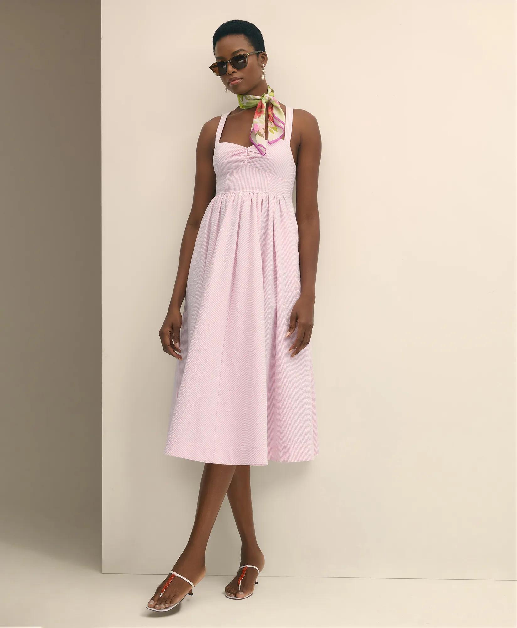 Cotton Blend Seersucker Fit-And-Flare Dress