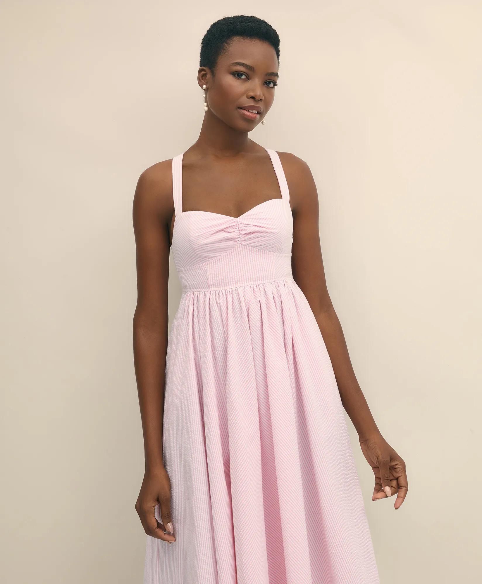 Cotton Blend Seersucker Fit-And-Flare Dress