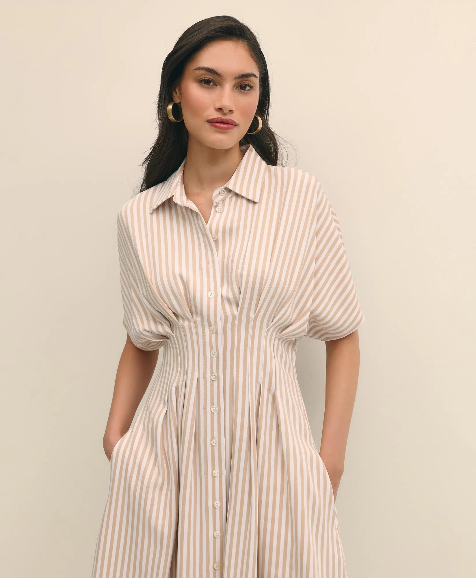 Striped Pleated Fit-And-Flare Shirt Dress - Beige-Khaki