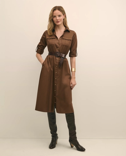 Cotton Sateen Fit-And-Flare Belted Shirt Dress, image 1