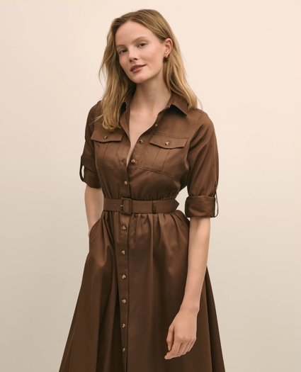 Cotton Sateen Fit-And-Flare Belted Shirt Dress, image 2