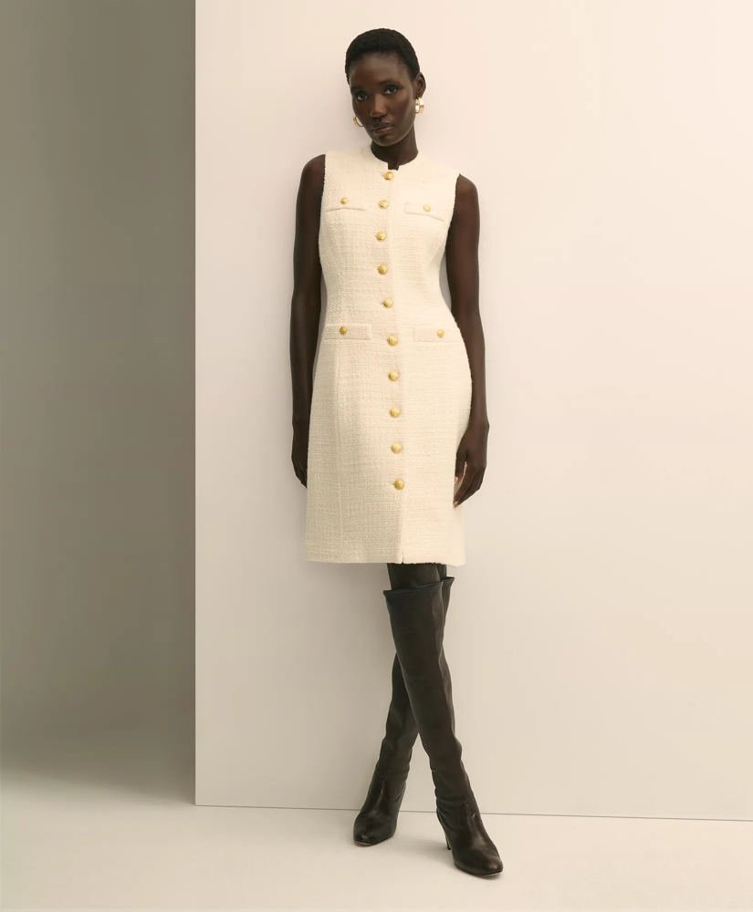 Boucle Sleeveless Button-Front Sheath Dress, image 2
