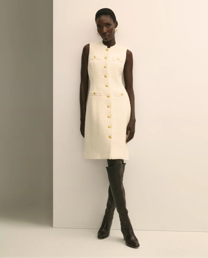Boucle Sleeveless Button-Front Sheath Dress, image 2