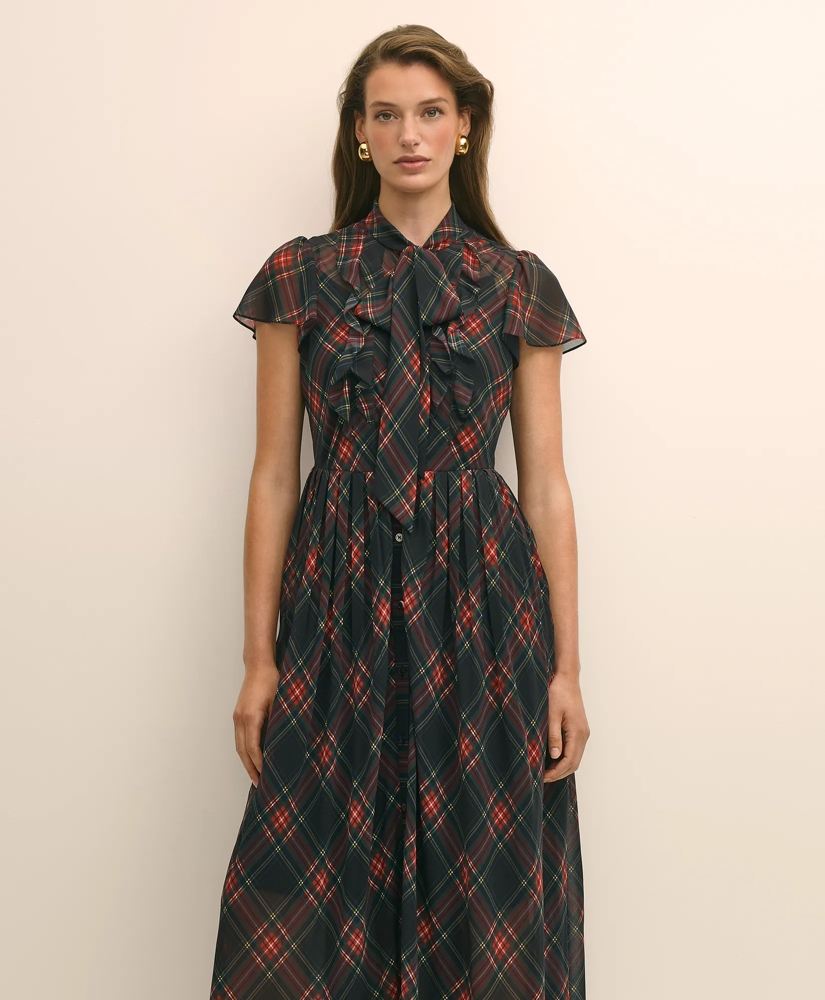 Chiffon Plaid Flutter-Sleeve Maxi Dress, image 2