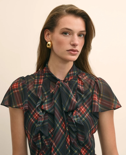 Chiffon Plaid Flutter-Sleeve Maxi Dress, image 3
