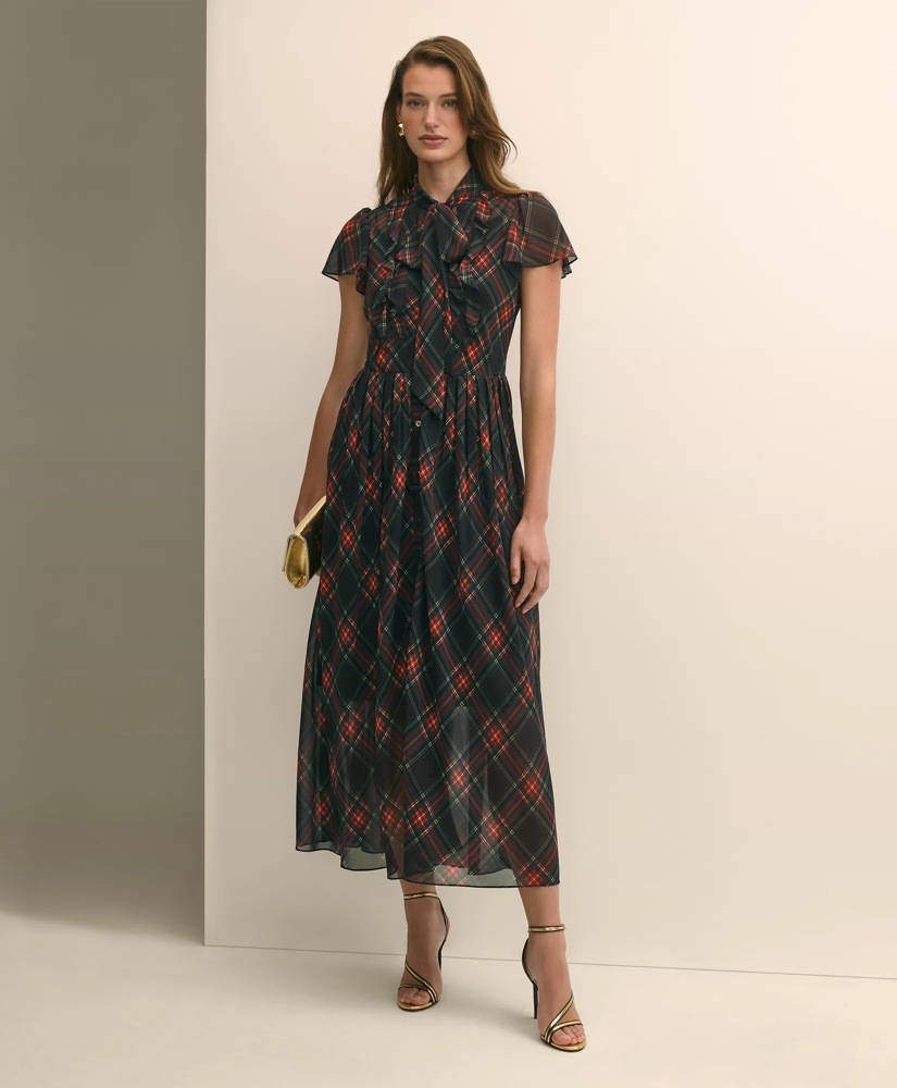 Chiffon Plaid Flutter-Sleeve Maxi Dress, image 5