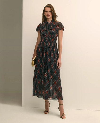 Chiffon Plaid Flutter-Sleeve Maxi Dress, image 5