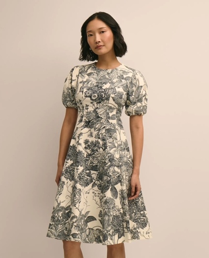 Cotton Blend Puff-Sleeve Floral Print Dress, image 2