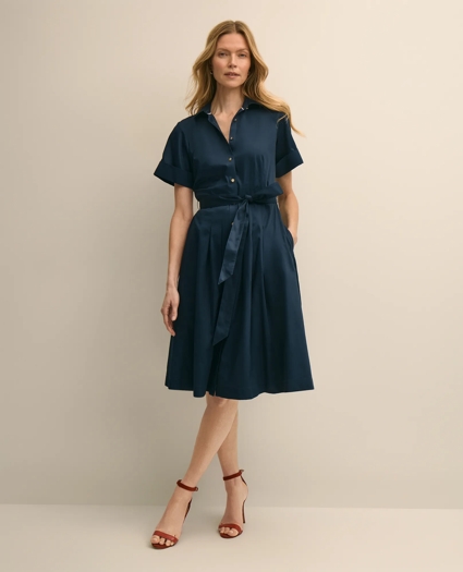 Cotton Sateen Short-Sleeve Belted Shirt Dress, image 1