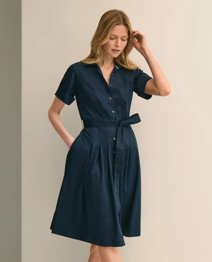 Cotton Sateen Short-Sleeve Belted Shirt Dress, image 2