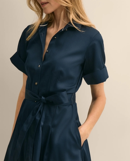 Cotton Sateen Short-Sleeve Belted Shirt Dress, image 3