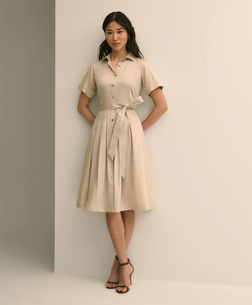 Cotton Sateen Short-Sleeve Belted Shirt Dress, image 1
