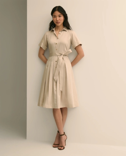 Cotton Sateen Short-Sleeve Belted Shirt Dress, image 1