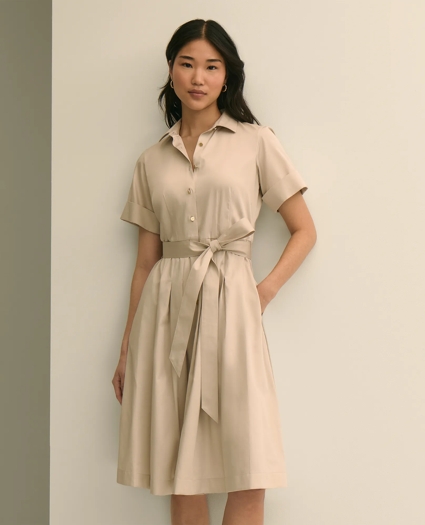 Cotton Sateen Short-Sleeve Belted Shirt Dress, image 2