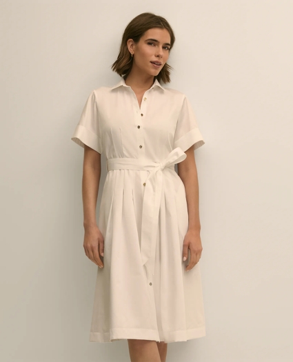 Cotton Sateen Short-Sleeve Belted Shirt Dress, image 2