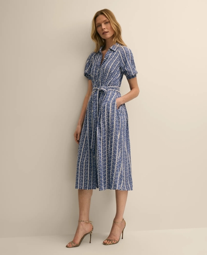 Chambray Floral-Stripe Embroidered Belted Shirt Dress, image 1