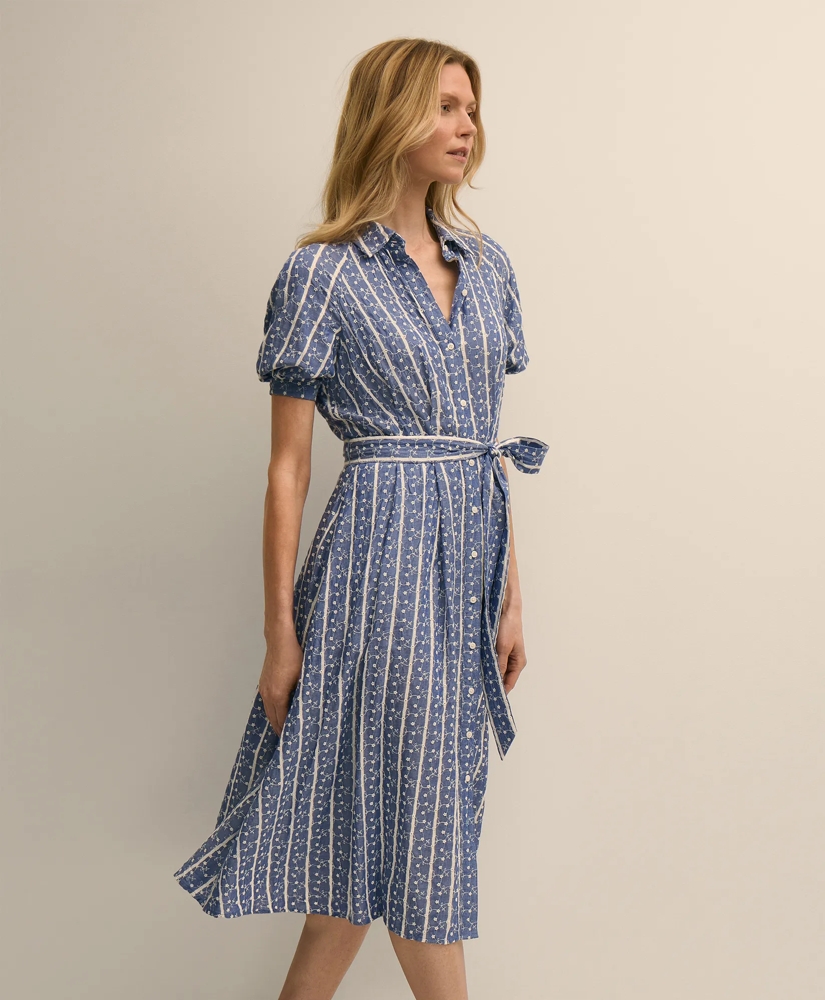 Chambray Floral-Stripe Embroidered Belted Shirt Dress, image 2