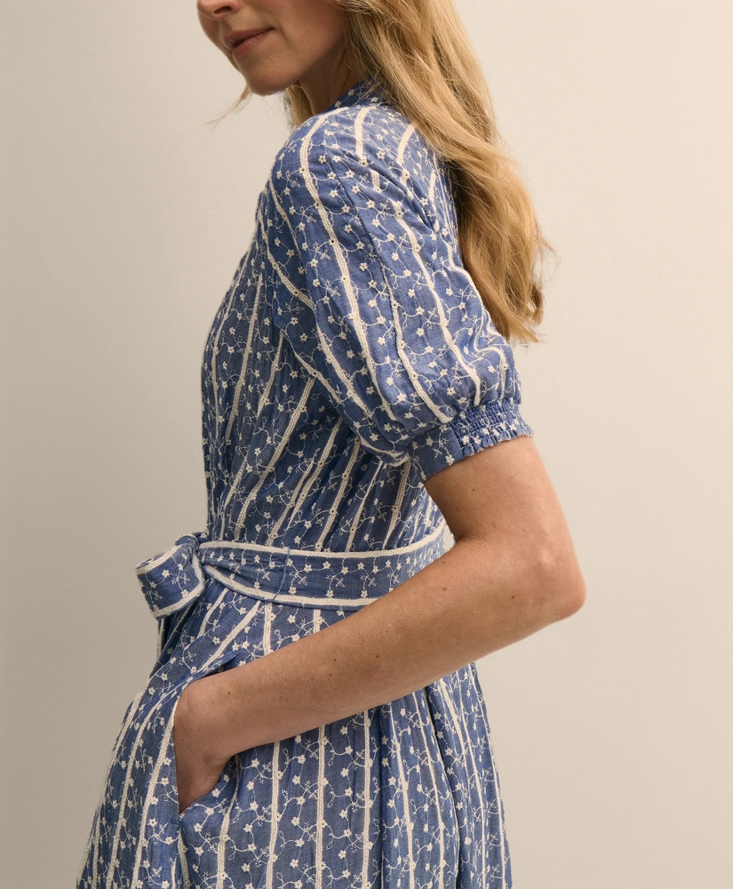 Chambray Floral-Stripe Embroidered Belted Shirt Dress, image 3