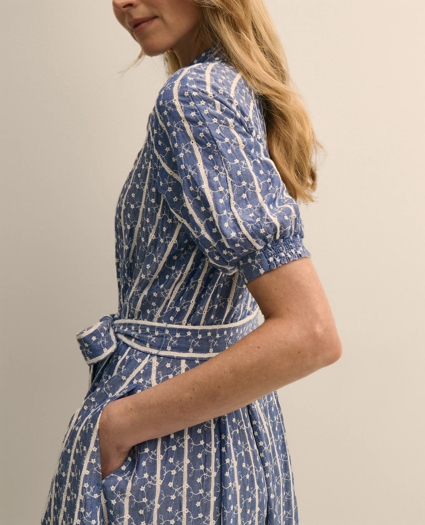 Chambray Floral-Stripe Embroidered Belted Shirt Dress, image 3
