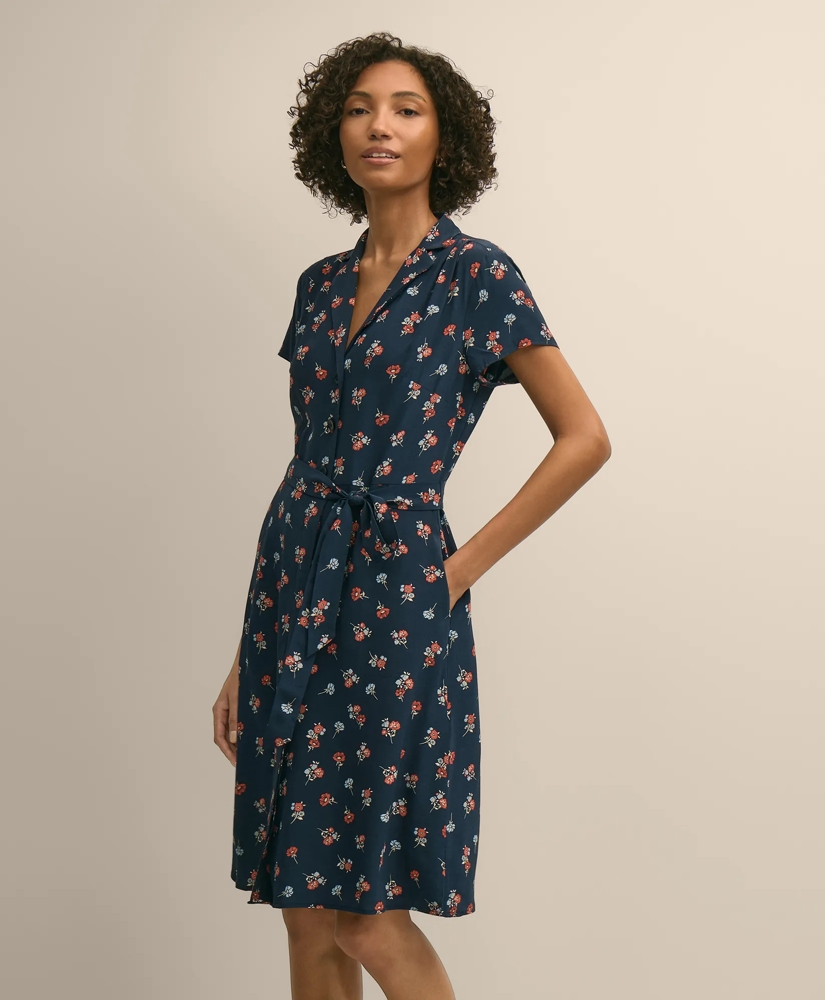 Viscose Floral Short-Sleeve Belted Shirt Dress, image 2