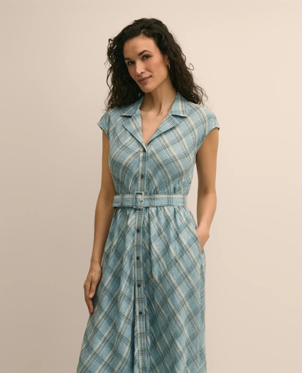 Linen Blend Plaid Belted Sleeveless Dress, image 3