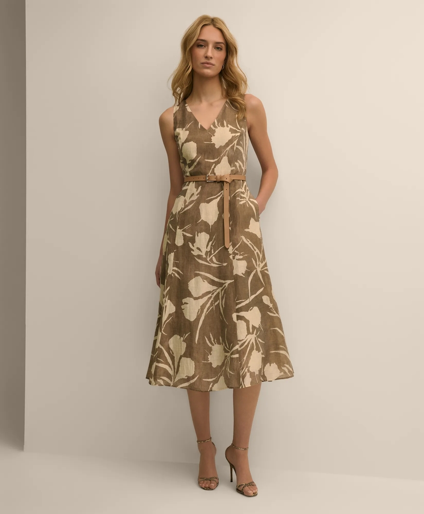 Linen Blend Belted Floral Print Dress, image 2