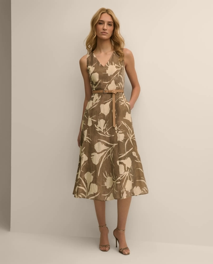 Linen Blend Belted Floral Print Dress, image 2
