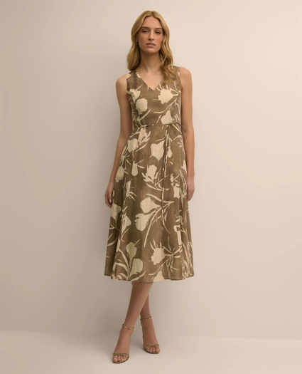 Linen Blend Belted Floral Print Dress, image 3