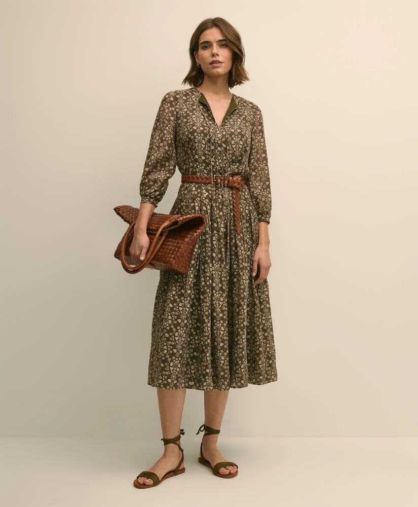 Tie-Neck Pleated Floral-Trellis Print Dress, image 1