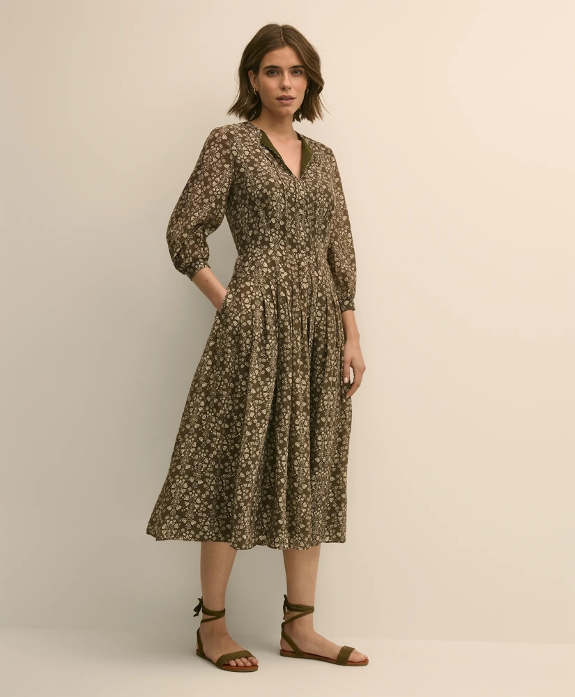 Tie-Neck Pleated Floral-Trellis Print Dress, image 2