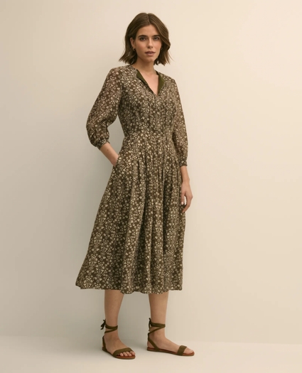 Tie-Neck Pleated Floral-Trellis Print Dress, image 2