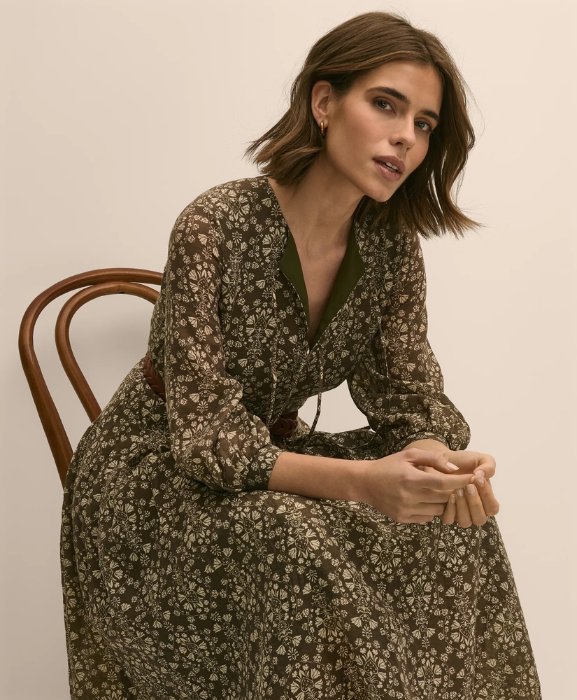 Tie-Neck Pleated Floral-Trellis Print Dress, image 3