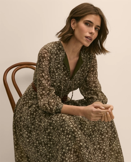 Tie-Neck Pleated Floral-Trellis Print Dress, image 3