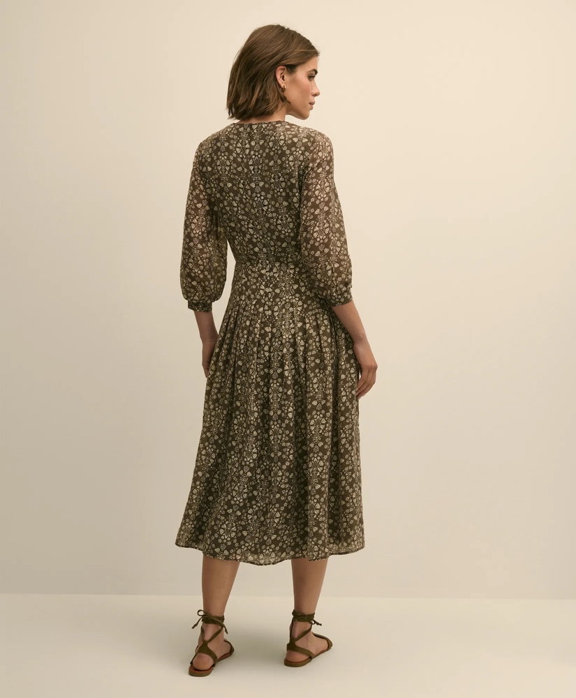 Tie-Neck Pleated Floral-Trellis Print Dress, image 5