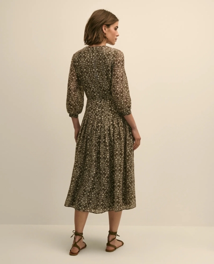 Tie-Neck Pleated Floral-Trellis Print Dress, image 5