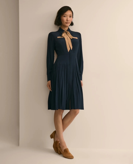 Long-Sleeve Pleated Bow-Tie Dress, image 1