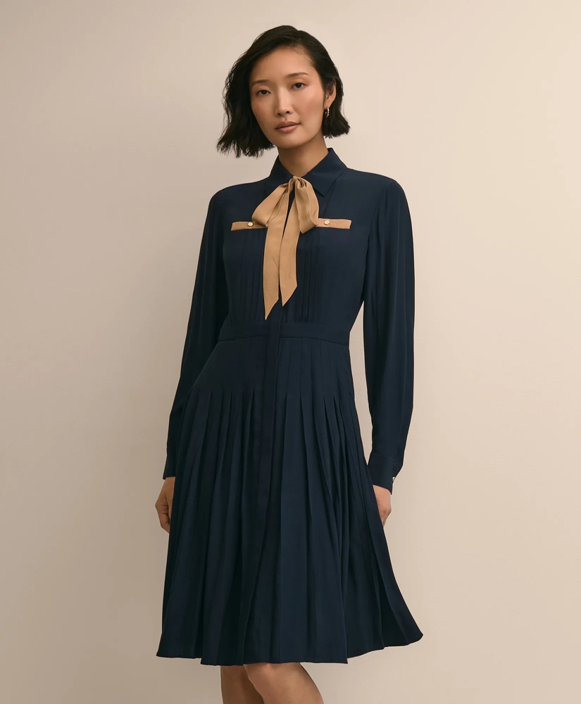 Long-Sleeve Pleated Bow-Tie Dress, image 2