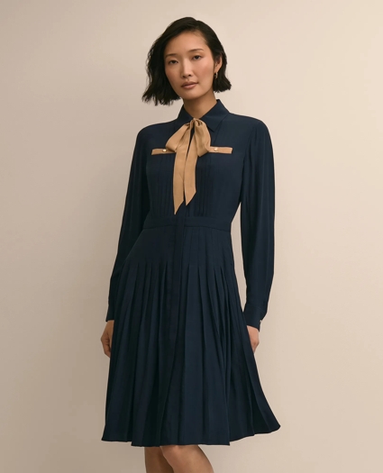 Long-Sleeve Pleated Bow-Tie Dress, image 2