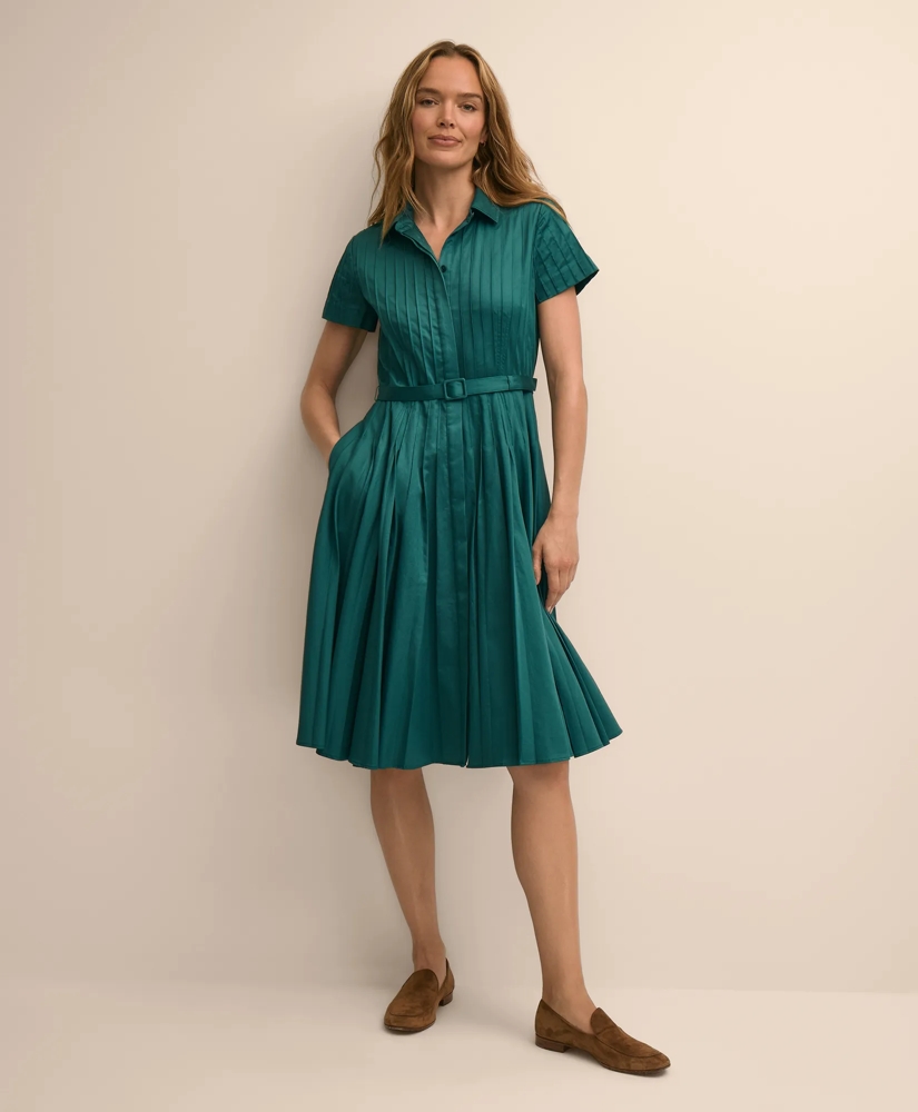 Cotton Sateen Pleated Fit and Flare Shirt Dress, image 1
