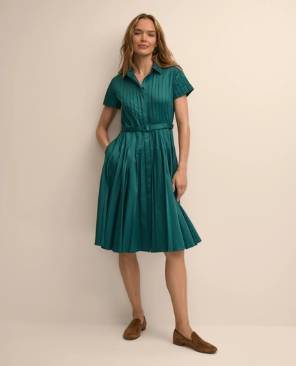 Cotton Sateen Pleated Fit and Flare Shirt Dress, image 1